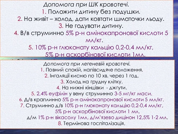 Допомога при ШК кровотечі. 1. Положити дитину без подушки. 2.