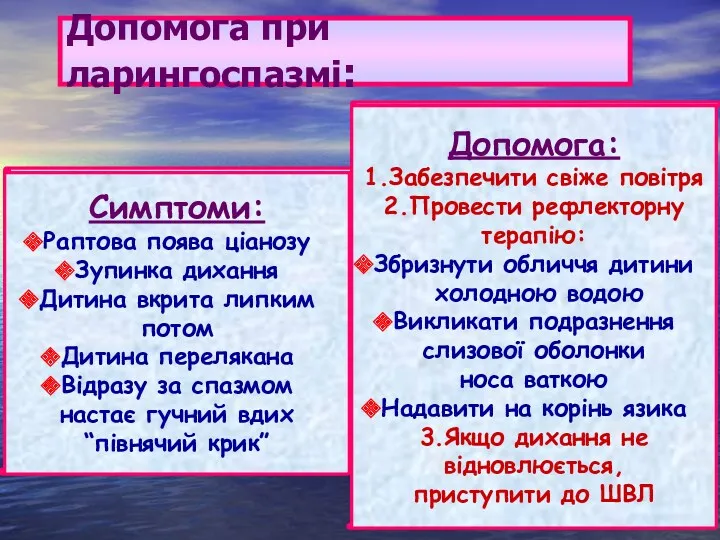 Допомога при ларингоспазмі: Симптоми: Раптова поява ціанозу Зупинка дихання Дитина