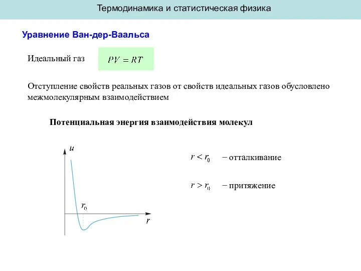 Термодинамика и статистическая физика Уравнение Ван-дер-Ваальса Идеальный газ Отступление свойств