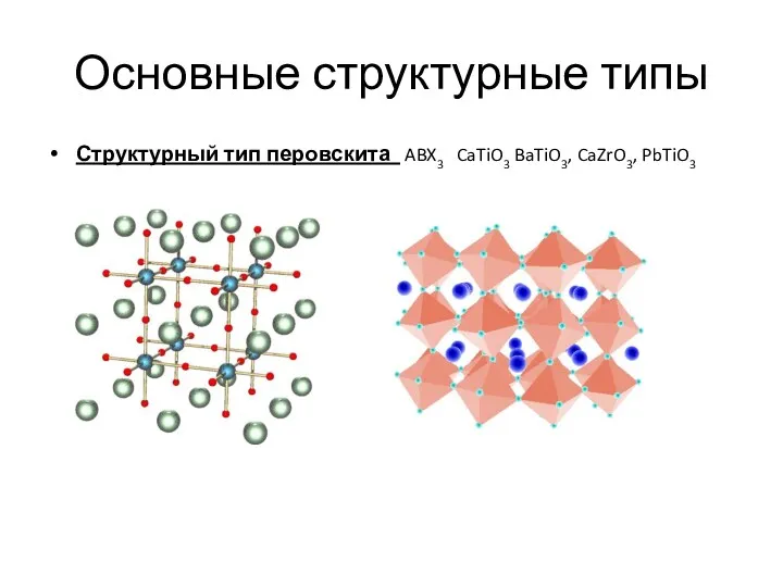 Основные структурные типы Структурный тип перовскита ABX3 CaTiO3 BaTiO3, CaZrO3, PbTiO3