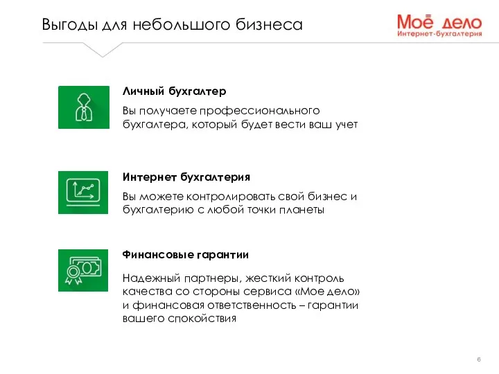 Выгоды для небольшого бизнеса Личный бухгалтер Вы получаете профессионального бухгалтера,