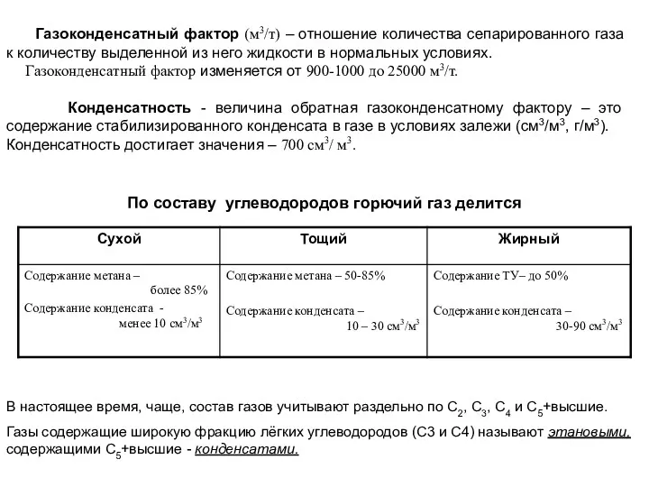 Газоконденсатный фактор (м3/т) – отношение количества сепарированного газа к количеству выделенной из него