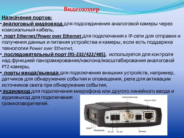 Назначение портов: аналоговый видеовход для подсоединения аналоговой камеры через коаксиальный кабель, порт Ethernet/Power