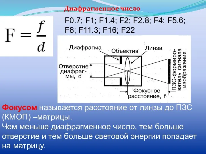 Диафрагменное число F0.7; F1; F1.4; F2; F2.8; F4; F5.6; F8; F11.3; F16; F22
