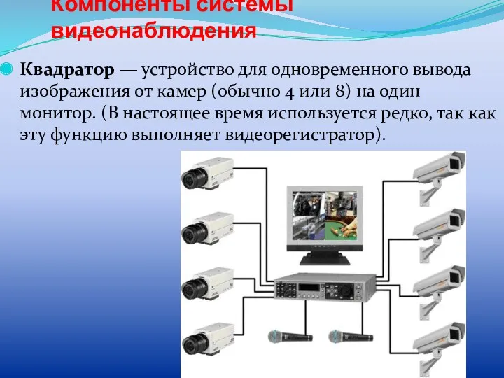 Компоненты системы видеонаблюдения Квадратор — устройство для одновременного вывода изображения от камер (обычно