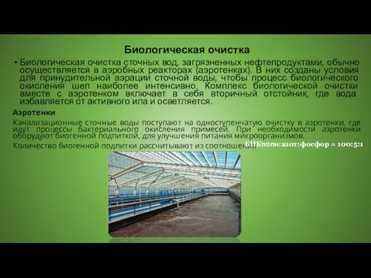 Биологическая очистка Биологическая очистка сточных вод, загрязненных нефтепродуктами, обычно осуществляется