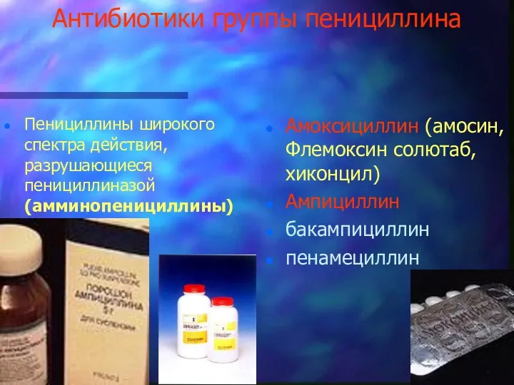 Антибиотики группы пенициллина Пенициллины широкого спектра действия, разрушающиеся пенициллиназой (амминопенициллины)