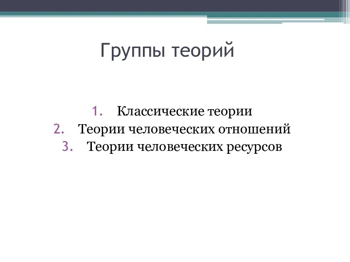 Группы теорий Классические теории Теории человеческих отношений Теории человеческих ресурсов