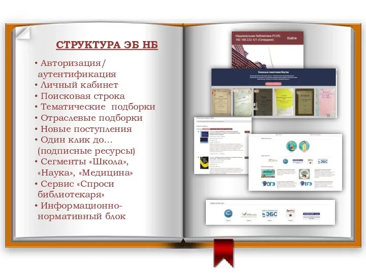 СТРУКТУРА ЭБ НБ Авторизация/ аутентификация Личный кабинет Поисковая строка Тематические