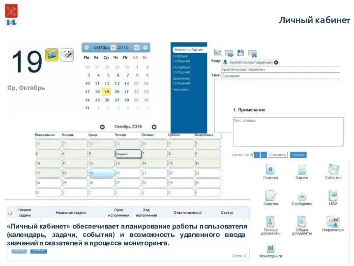 Личный кабинет «Личный кабинет» обеспечивает планирование работы пользователя (календарь, задачи,