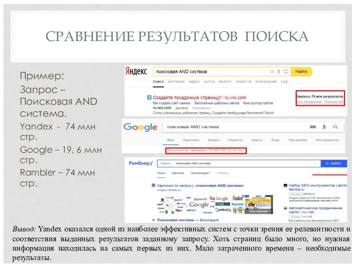 СРАВНЕНИЕ РЕЗУЛЬТАТОВ ПОИСКА Пример: Запрос – Поисковая AND система. Yandex