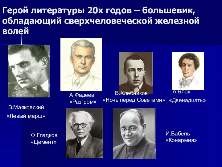 Герой литературы 20х годов – большевик, обладающий сверхчеловеческой железной волей