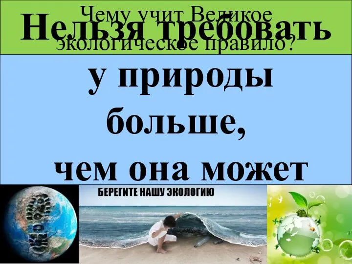 Чему учит Великое экологическое правило? Нельзя требовать у природы больше, чем она может дать.