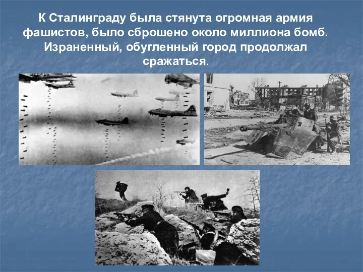 К Сталинграду была стянута огромная армия фашистов, было сброшено около миллиона бомб. Израненный,