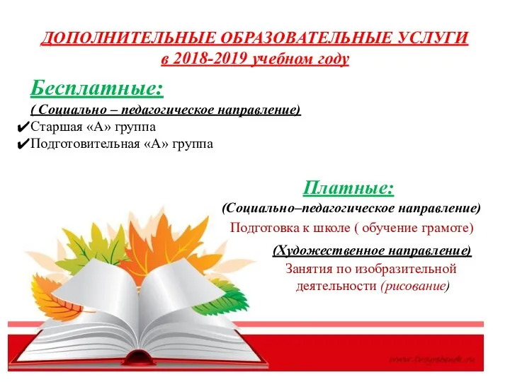 ДОПОЛНИТЕЛЬНЫЕ ОБРАЗОВАТЕЛЬНЫЕ УСЛУГИ в 2018-2019 учебном году Бесплатные: ( Социально – педагогическое направление)