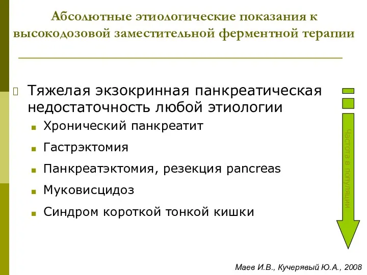 Абсолютные этиологические показания к высокодозовой заместительной ферментной терапии Тяжелая экзокринная