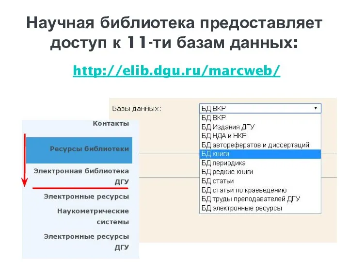 Научная библиотека предоставляет доступ к 11-ти базам данных: http://elib.dgu.ru/marcweb/