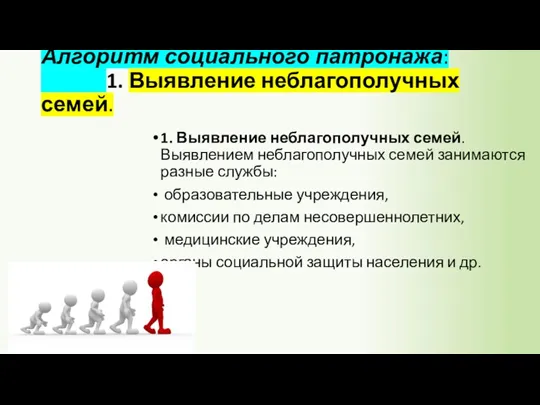 Алгоритм социального патронажа: 1. Выявление неблагополучных семей. 1. Выявление неблагополучных