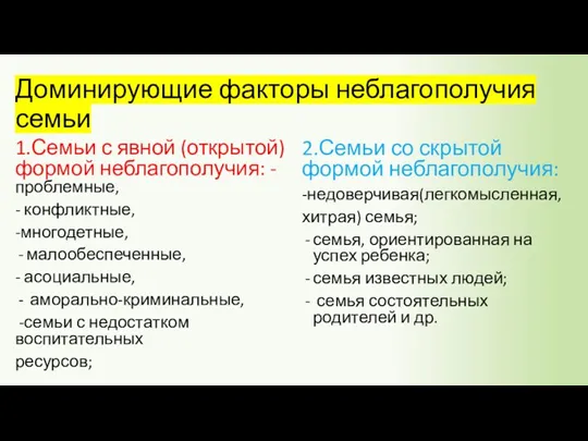 Доминирующие факторы неблагополучия семьи 1.Семьи с явной (открытой) формой неблагополучия: