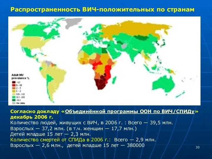 Распространенность ВИЧ-положительных по странам Согласно докладу «Объединённой программы ООН по