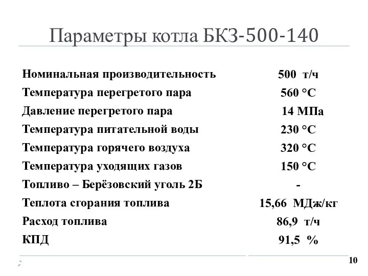 Параметры котла БКЗ-500-140 10