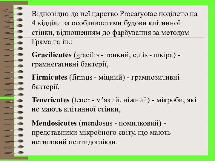 Відповідно до неї царство Procaryotae поділено на 4 відділи за