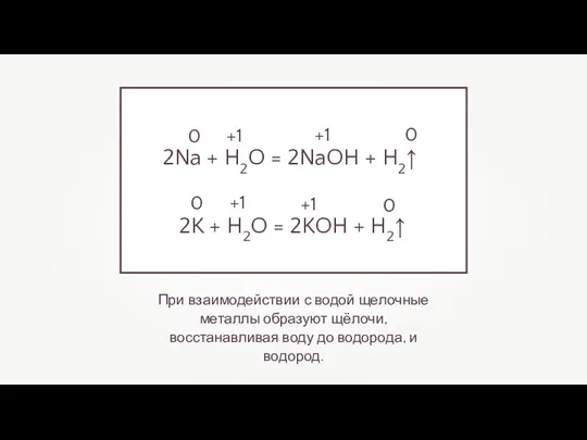 При взаимодействии с водой щелочные металлы образуют щёлочи, восстанавливая воду