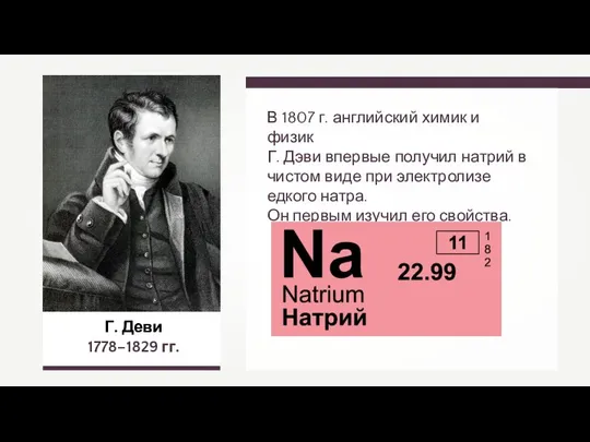 Г. Деви 1778–1829 гг. В 1807 г. английский химик и