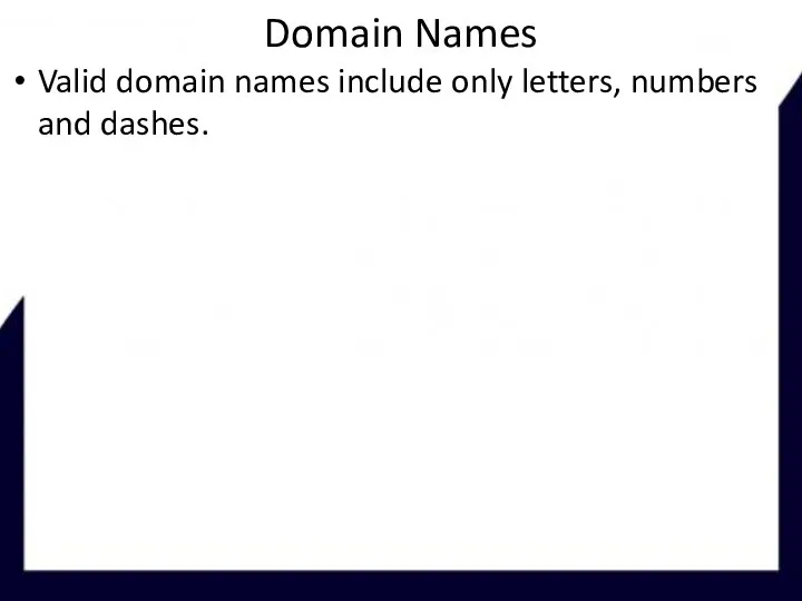 Domain Names Valid domain names include only letters, numbers and dashes.