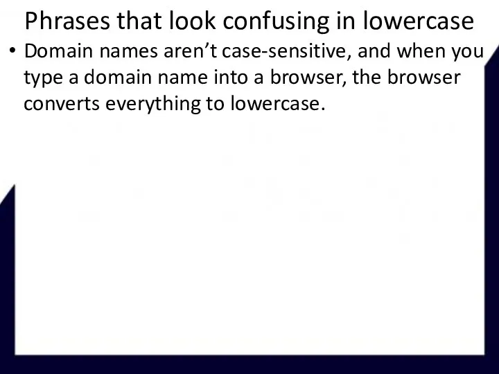 Phrases that look confusing in lowercase Domain names aren’t case-sensitive,