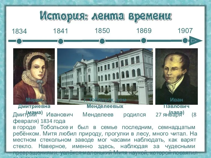Дмитрий Иванович Менделеев родился 27 января (8 февраля) 1834 года