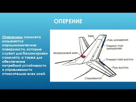 ОПЕРЕНИЕ Оперением самолета называются аэродинамические поверхности, которые служат для балансировки самолета, а также