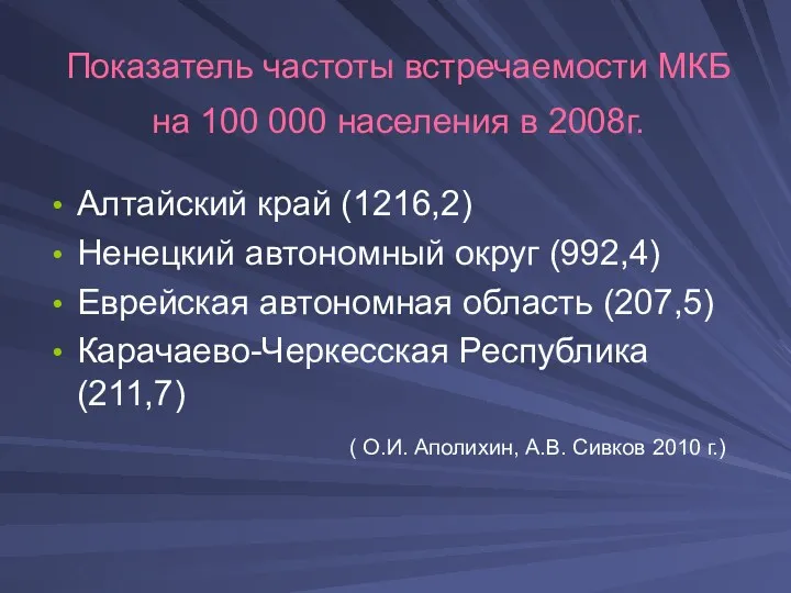 Показатель частоты встречаемости МКБ на 100 000 населения в 2008г. Алтайский край (1216,2)
