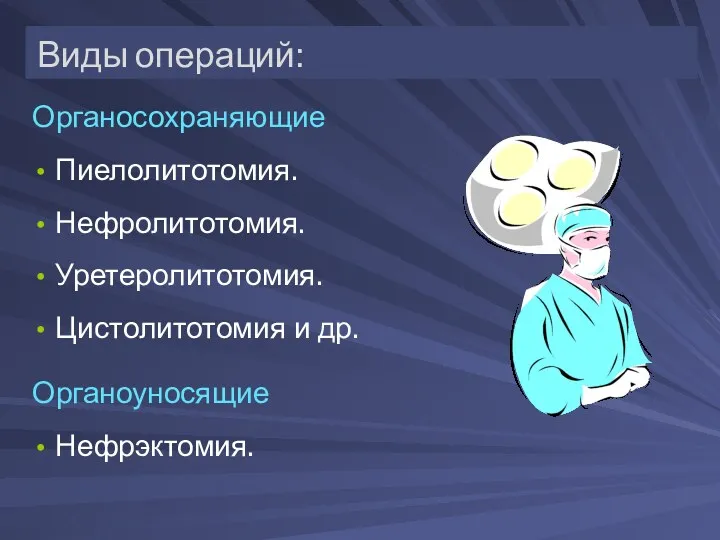 Виды операций: Органосохраняющие Пиелолитотомия. Нефролитотомия. Уретеролитотомия. Цистолитотомия и др. Органоуносящие Нефрэктомия.