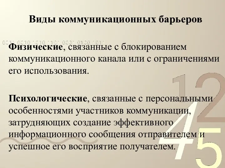 Виды коммуникационных барьеров Физические, связанные с блокированием коммуникационного канала или