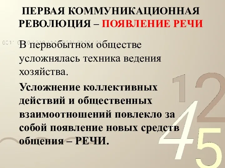 ПЕРВАЯ КОММУНИКАЦИОННАЯ РЕВОЛЮЦИЯ – ПОЯВЛЕНИЕ РЕЧИ В первобытном обществе усложнялась