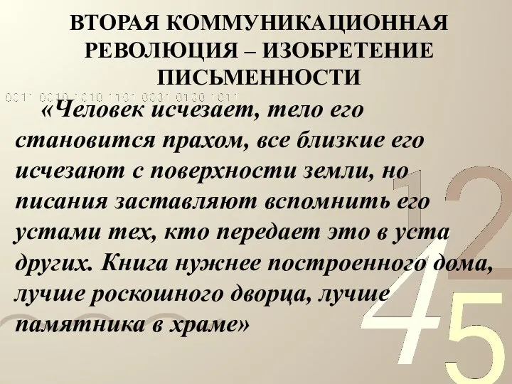 ВТОРАЯ КОММУНИКАЦИОННАЯ РЕВОЛЮЦИЯ – ИЗОБРЕТЕНИЕ ПИСЬМЕННОСТИ «Человек исчезает, тело его