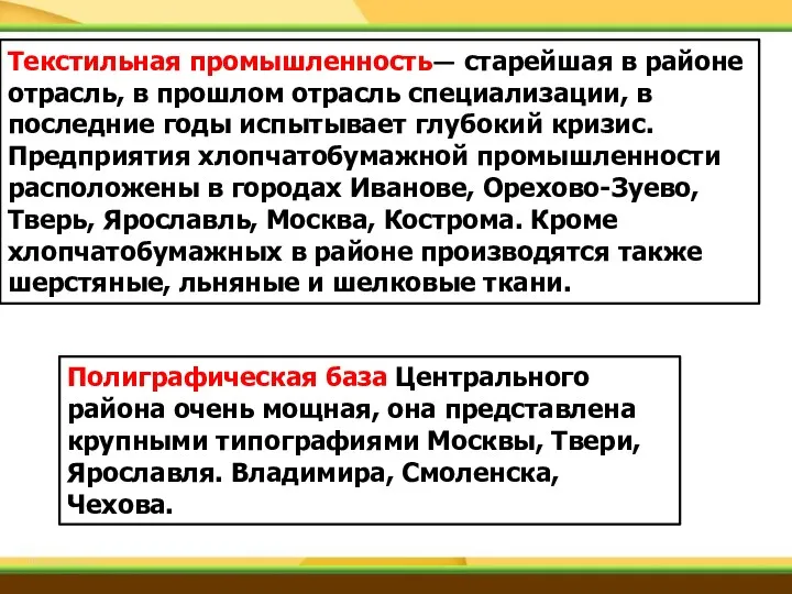 Текстильная промышленность— старейшая в районе отрасль, в прошлом отрасль специализации,