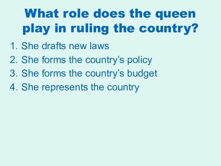 What role does the queen play in ruling the country?