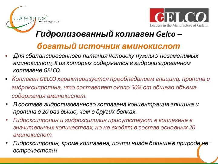 Гидролизованный коллаген Gelco – богатый источник аминокислот • Для сбалансированного