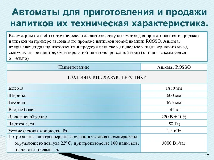 Рассмотрим подробнее техническую характеристику автоматов для приготовления и продажи напитков