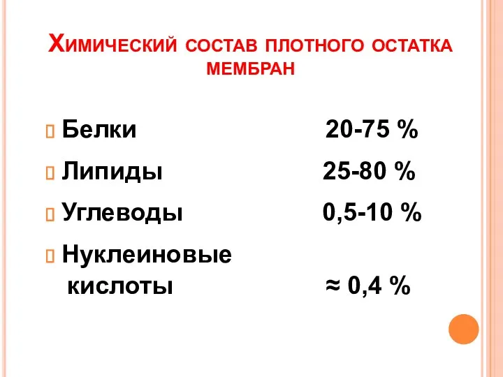 Химический состав плотного остатка мембран Белки 20-75 % Липиды 25-80