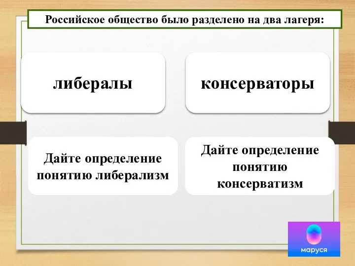 Российское общество было разделено на два лагеря: либералы консерваторы Дайте определение понятию либерализм