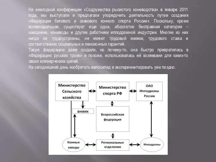 На ежегодной конференции «Содружества рысистого коневодства» в январе 2011 года,