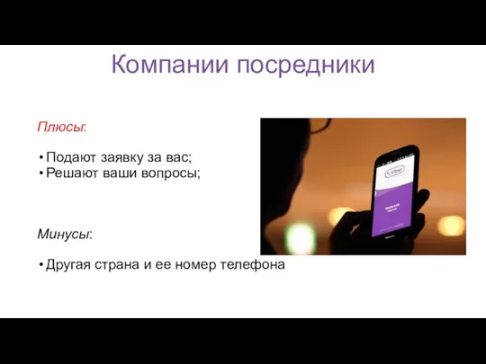 Компании посредники Плюсы: Подают заявку за вас; Решают ваши вопросы;