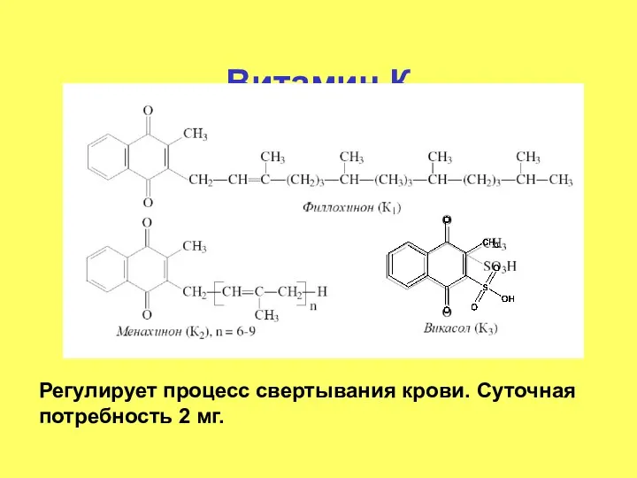 Витамин К Регулирует процесс свертывания крови. Суточная потребность 2 мг.