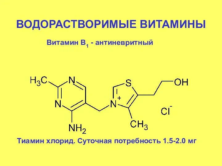 ВОДОРАСТВОРИМЫЕ ВИТАМИНЫ Витамин В1 - антиневритный Тиамин хлорид. Суточная потребность 1.5-2.0 мг