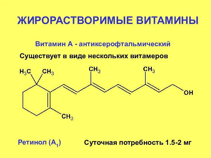 ЖИРОРАСТВОРИМЫЕ ВИТАМИНЫ Витамин А - антиксерофтальмический Существует в виде нескольких витамеров Ретинол (А1)