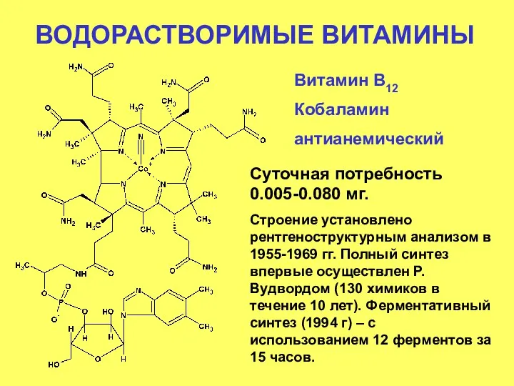 ВОДОРАСТВОРИМЫЕ ВИТАМИНЫ Витамин В12 Кобаламин антианемический Суточная потребность 0.005-0.080 мг.