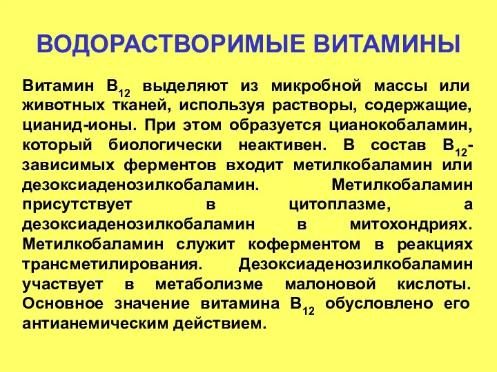 ВОДОРАСТВОРИМЫЕ ВИТАМИНЫ Витамин В12 выделяют из микробной массы или животных тканей, используя растворы,